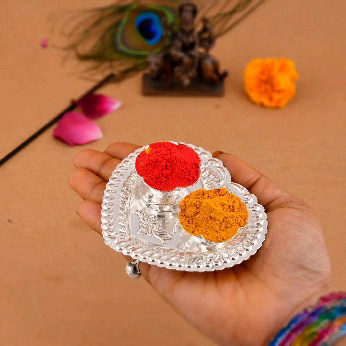 Silver Plated Haldi Kumkum Holder for Home Temple Decor Haldi Kumkum Stand Rakhi Diwali Gift Indian Festival Puja Wedding Favor Birthday Housewarming Return Gifts Roli Chawal/rice Holder - LoveNspire