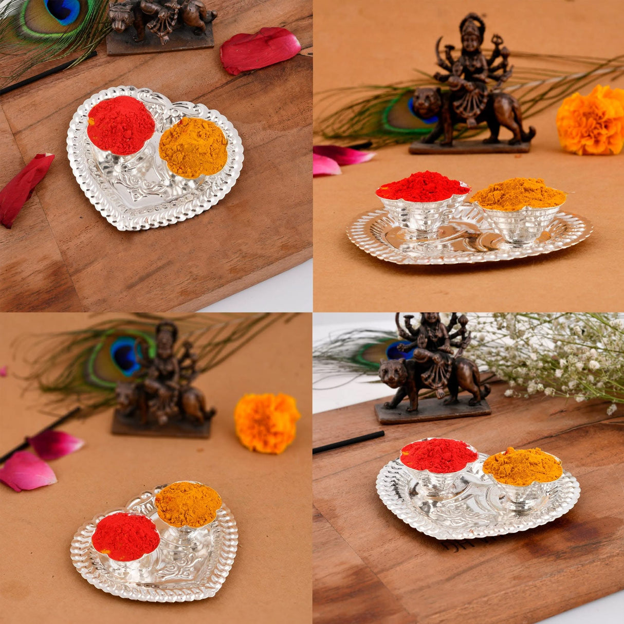 Silver heart-shaped plate with red and yellow powders for Indian festival rituals