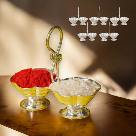Silver Plated Haldi Kumkum Holder for Home Temple Decorative Haldi Kumkum Stand Diwali Gift Indian Festival Puja Wedding Favor Birthday Housewarming Return Gifts Roli Chawal/rice Holder - LoveNspire