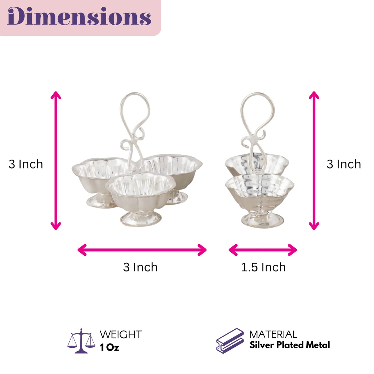Silver plated haldi kumkum holder with three fluted bowls and ornate handle for pooja thali and wedding gifts