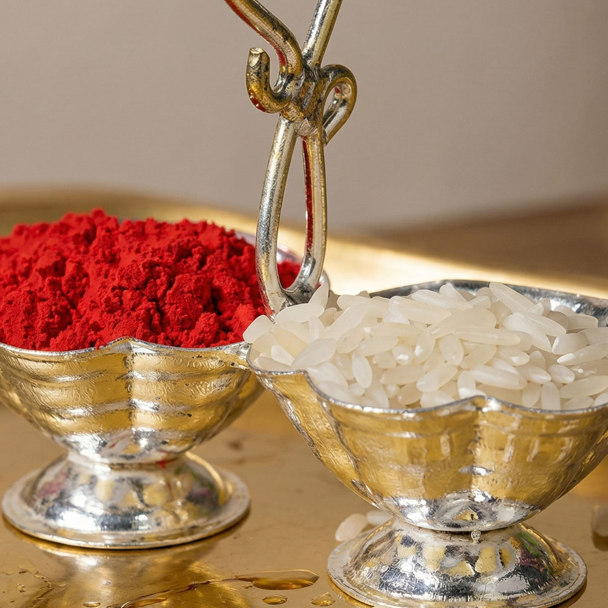 Silver plated haldi kumkum holder with ornate scalloped edges holding red powder and white rice for puja and festivals