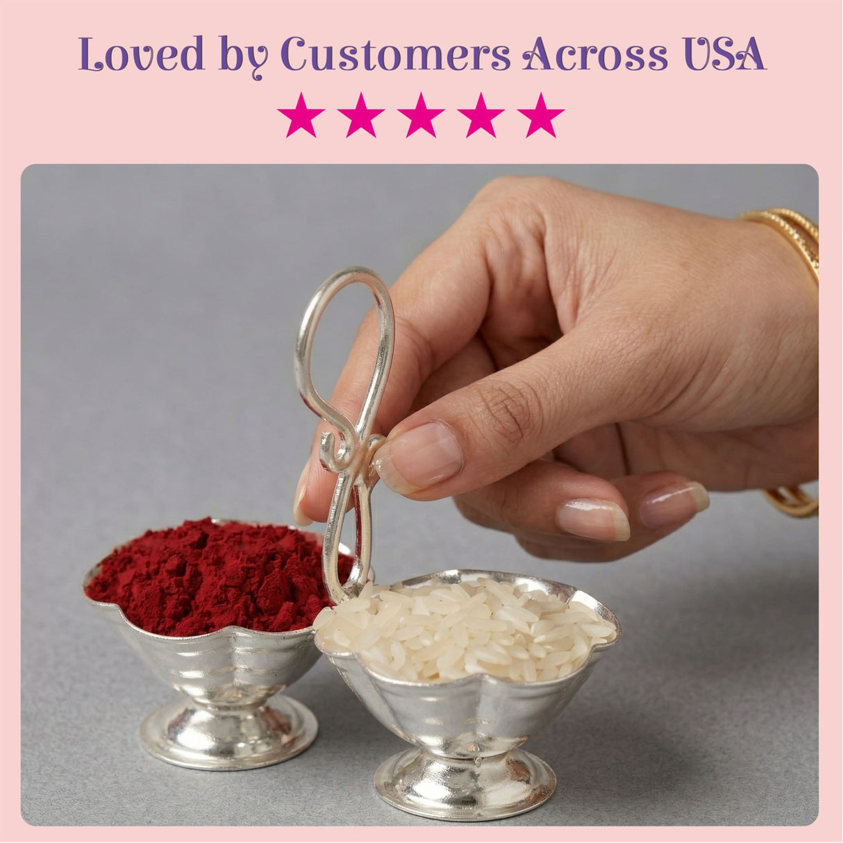Silver plated haldi kumkum holders with silver metallic serving spoons featuring ornate handles and fluted bowl edges for puja rituals