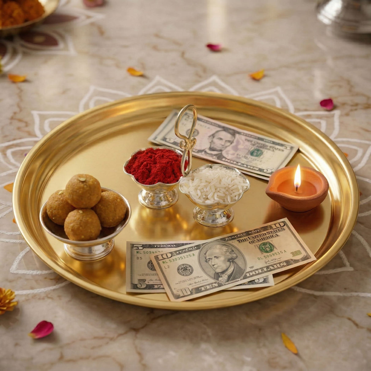 Golden metallic silver plated haldi kumkum holder tray with polished reflective surface for home temple puja use