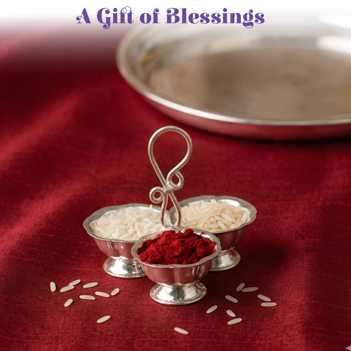 Silver plated haldi kumkum holder with three compartments holding white rice and red powder for puja and festivals
