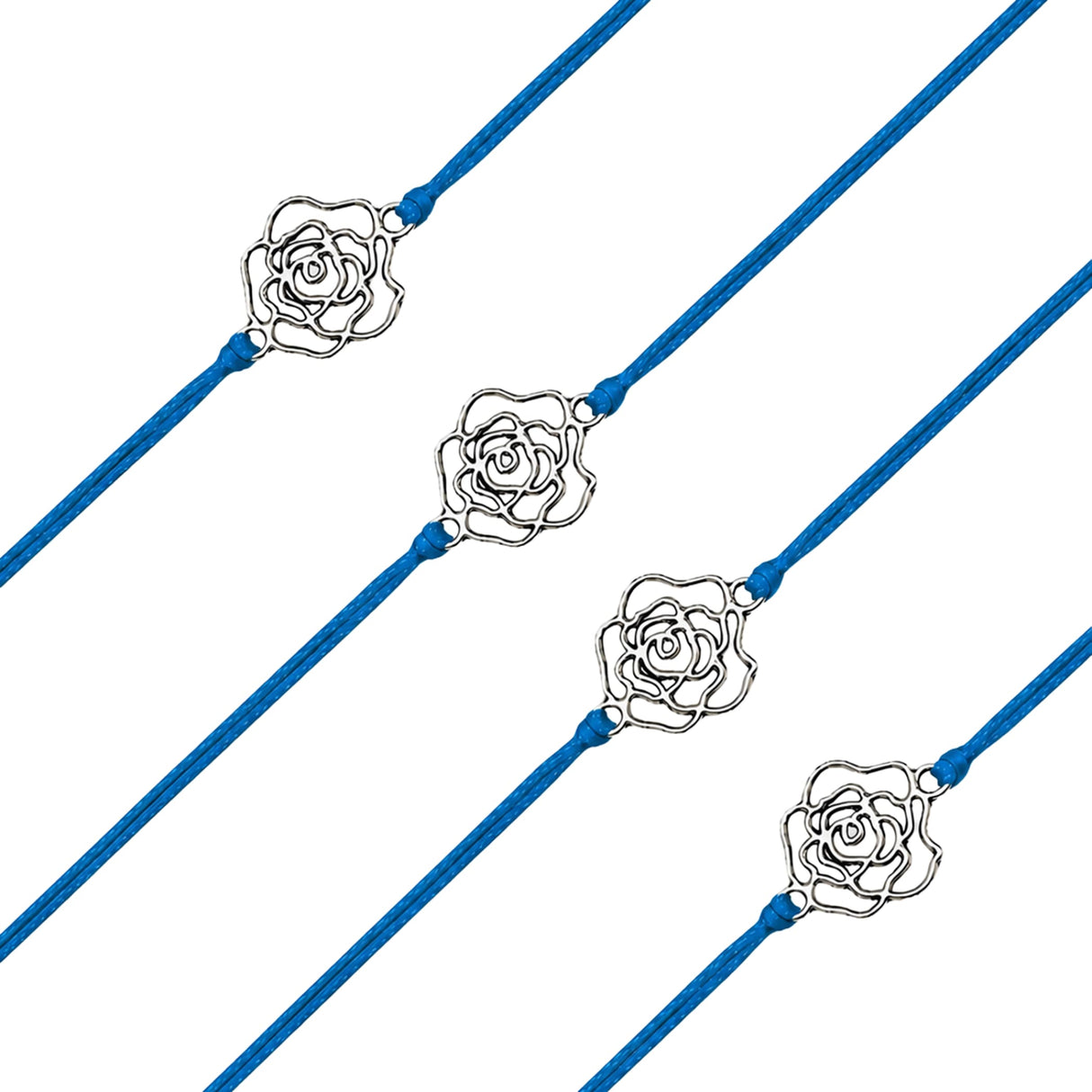 Four blue cord rose charm rakhis with silver toned accents traditional handmade bracelets for brother and bhabhi
