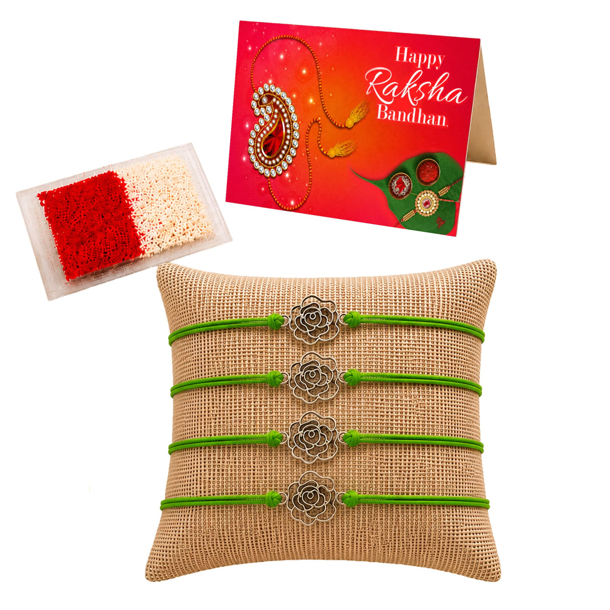 Four green cord rakhi bracelets with silver rose-shaped charms on a burlap pillow for brother and bhabhi gift