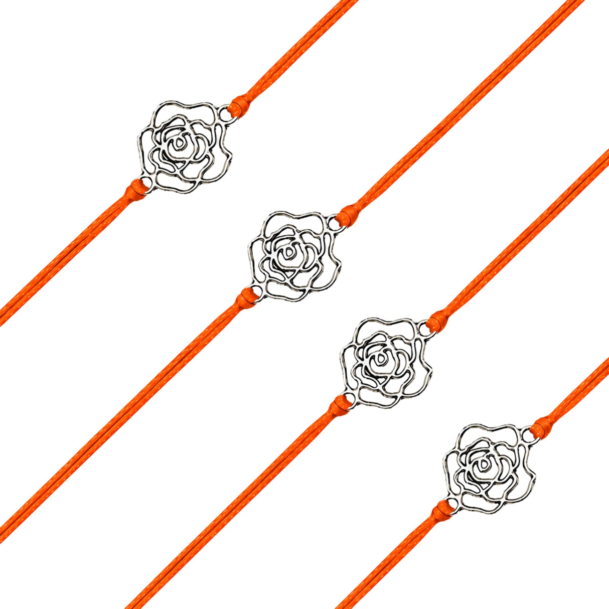 Orange cord bracelet with a delicate silver-toned rose charm for brother and bhabhi raksha bandhan gift