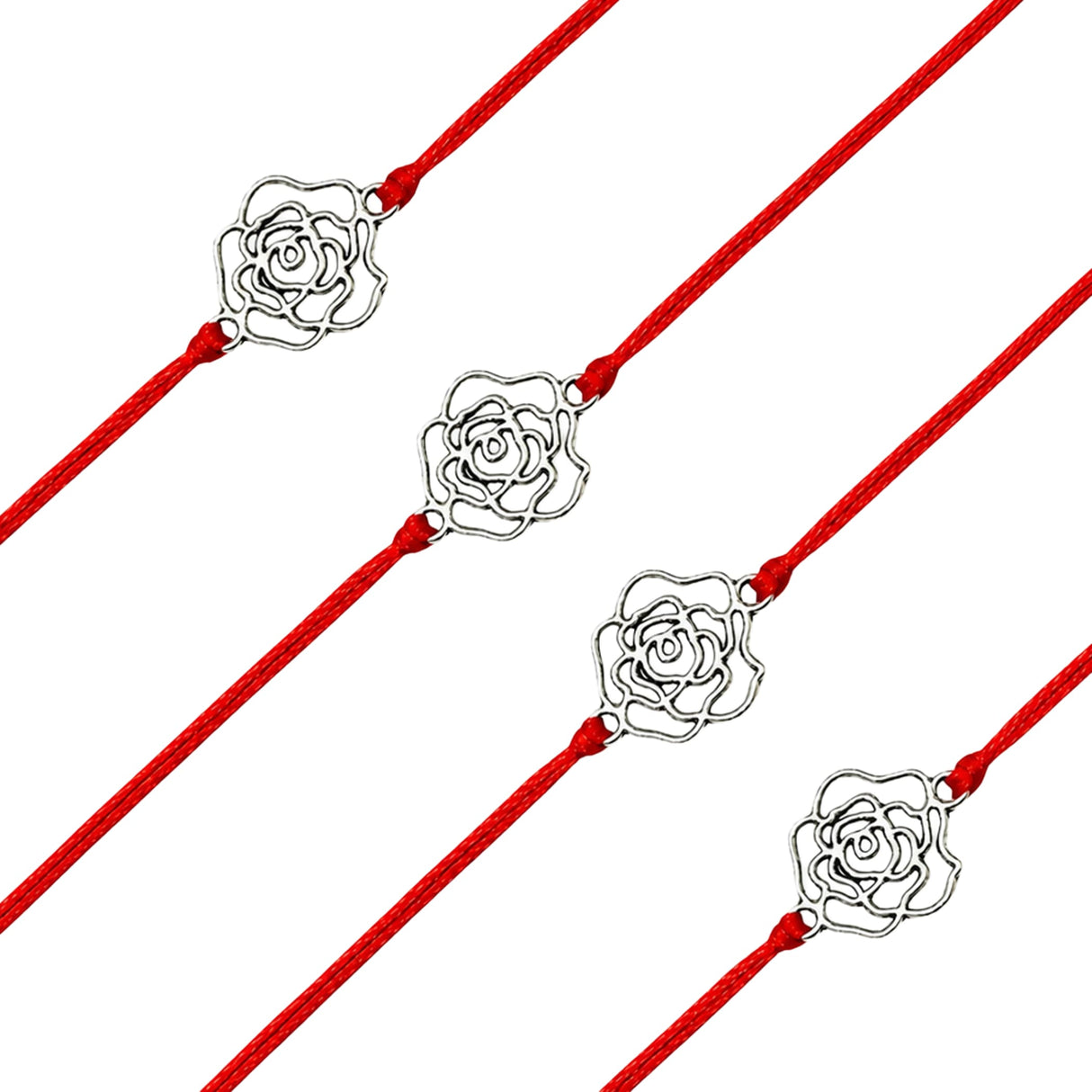 Red cord bracelets with delicate silver rose charms rose charm rakhi for brother and bhabhi traditional handmade jewelry gift