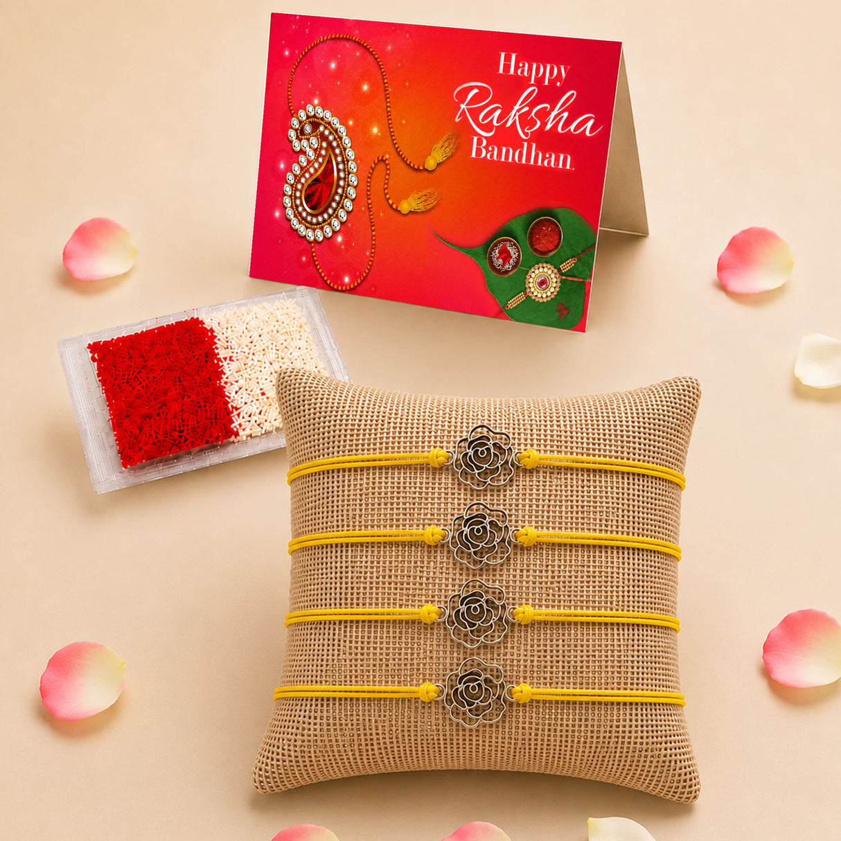 Four yellow corded handmade rose charm rakhi bracelets with silver metal roses on burlap for brother and bhabhi gift