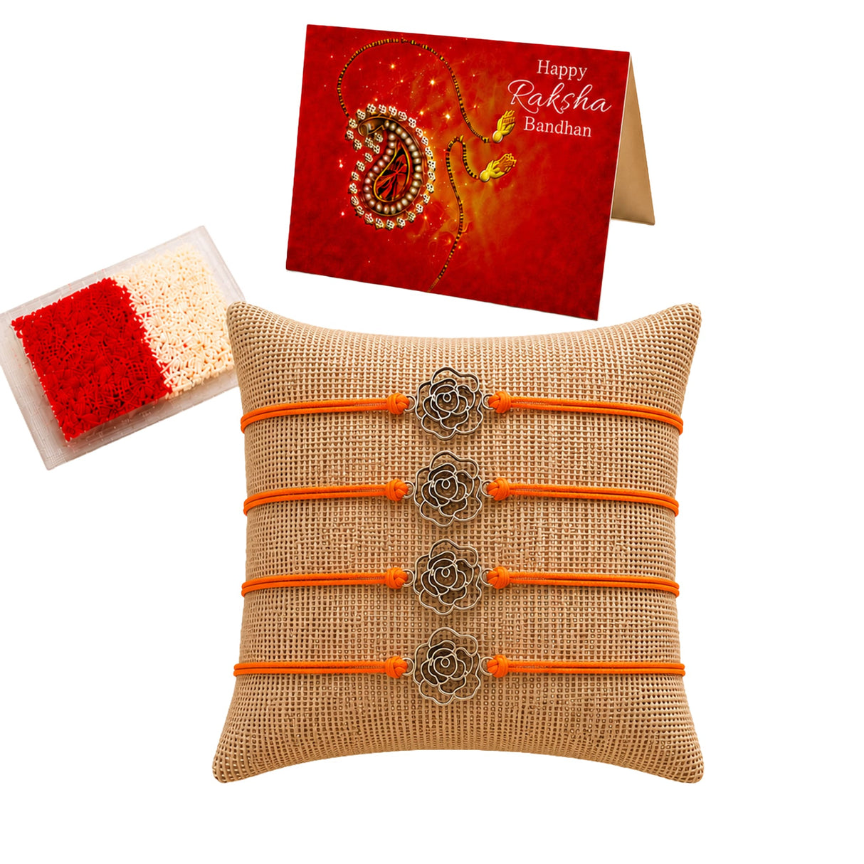 Set of four orange cord rakhi bracelets with intricate metallic rose charms on burlap cushion for Raksha Bandhan gift