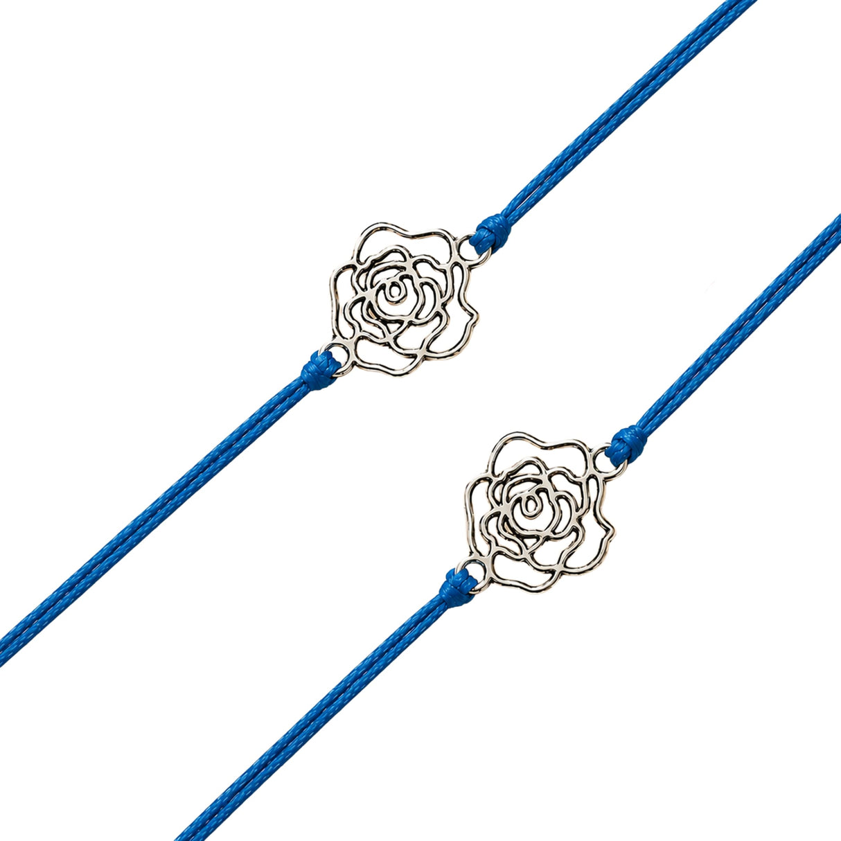Four blue cord rose charm rakhi bracelets with silver toned roses traditional handmade protection gift set