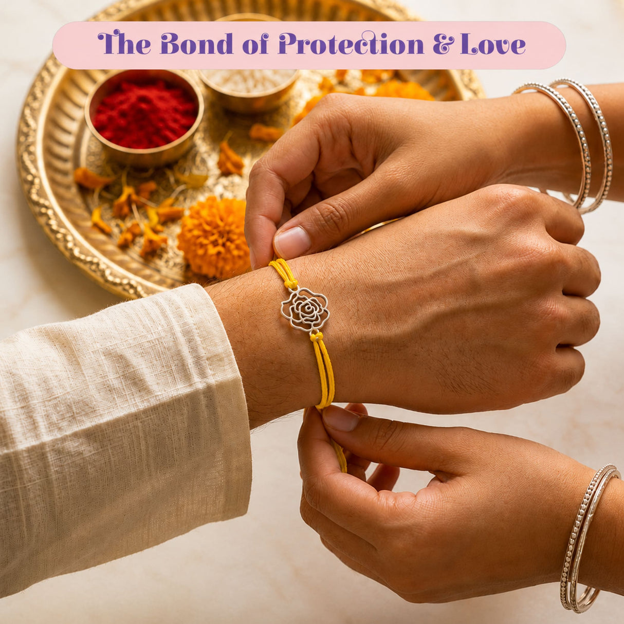 Yellow cord bracelet with silver rose charm rose charm rakhi for brother and bhabhi traditional handmade jewelry gift