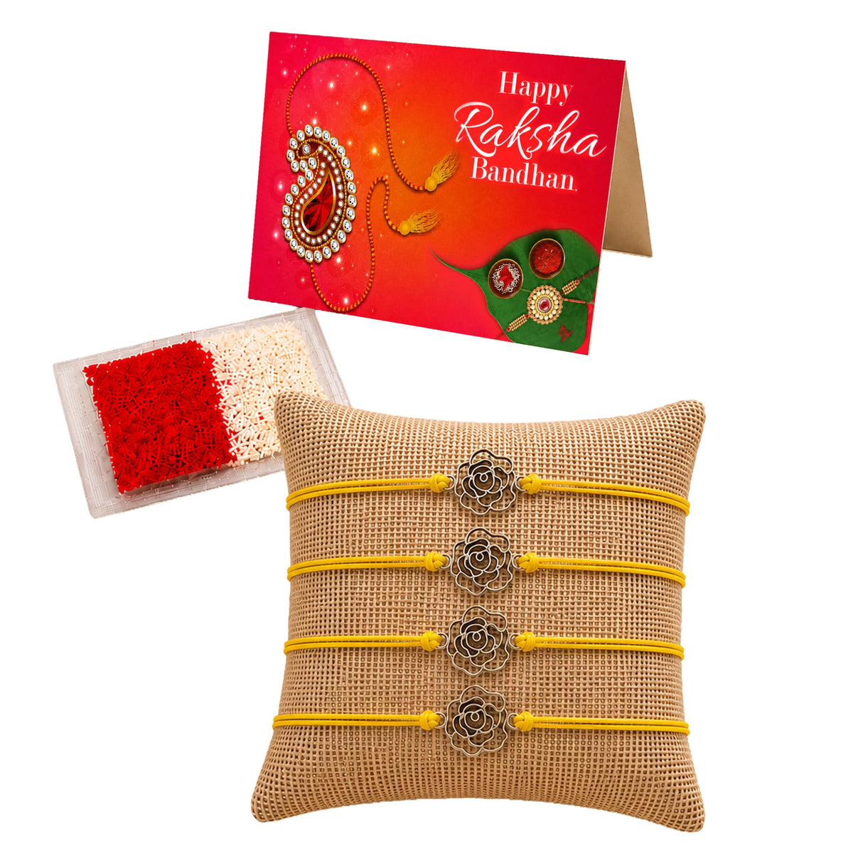 Set of four yellow cord rose charm rakhi with metallic accents displayed on a burlap cushion for raksha bandhan gift