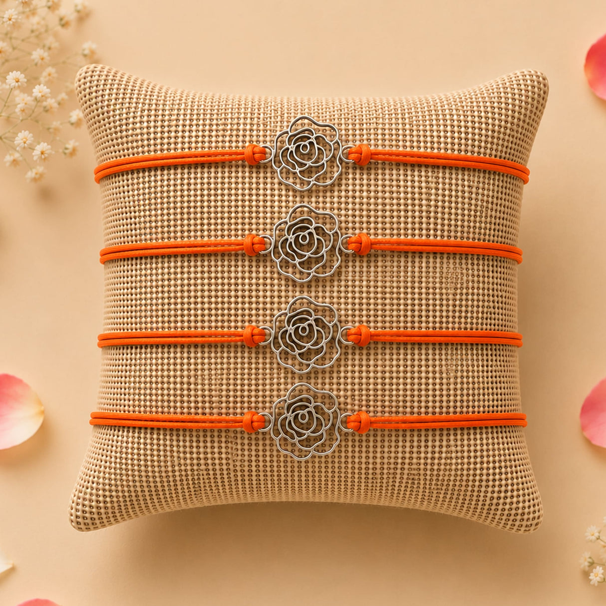 Four orange cord bracelets with silver-toned rose metal charms rose charm rakhi for brother and bhabhi gift