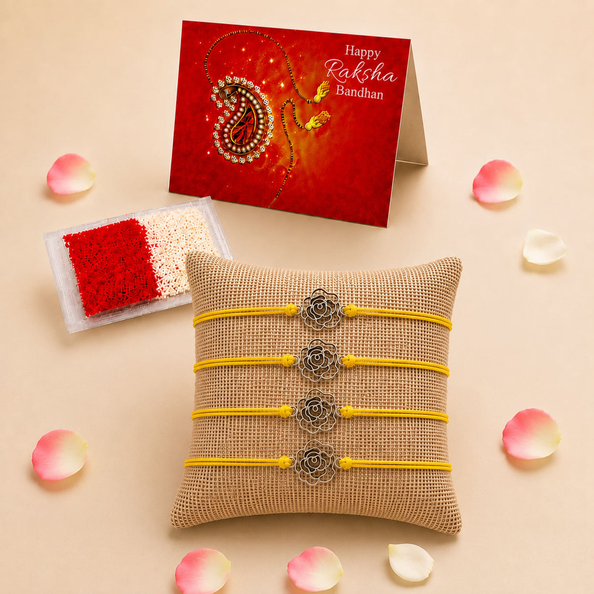 Set of four yellow cord rose charm rakhi bracelets with silver metal charms on burlap cushion for raksha bandhan gift
