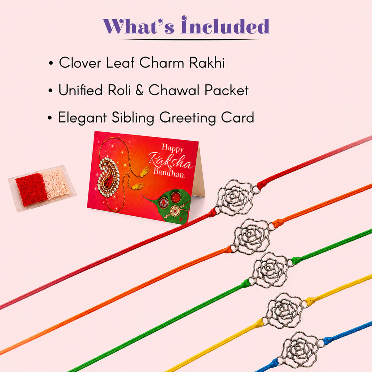 Five colorful handmade rakhi bracelets with delicate silver rose charms for brother and bhabhi protection and good luck