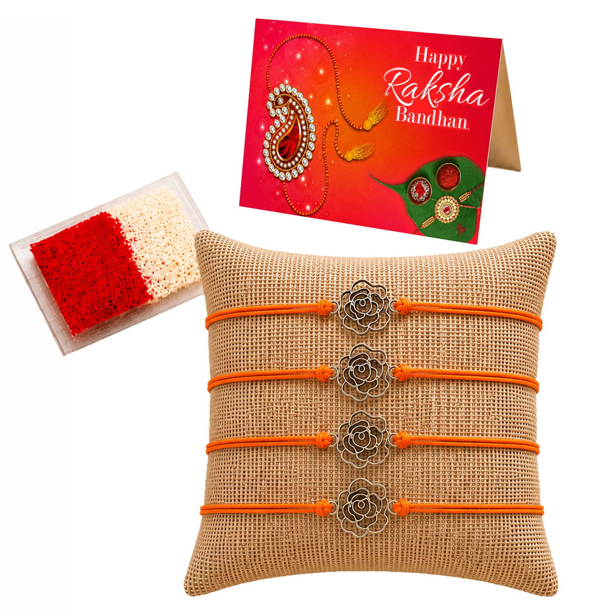 Set of four orange cord rose charm rakhi with silver metal floral charms on a burlap cushion for brother and bhabhi
