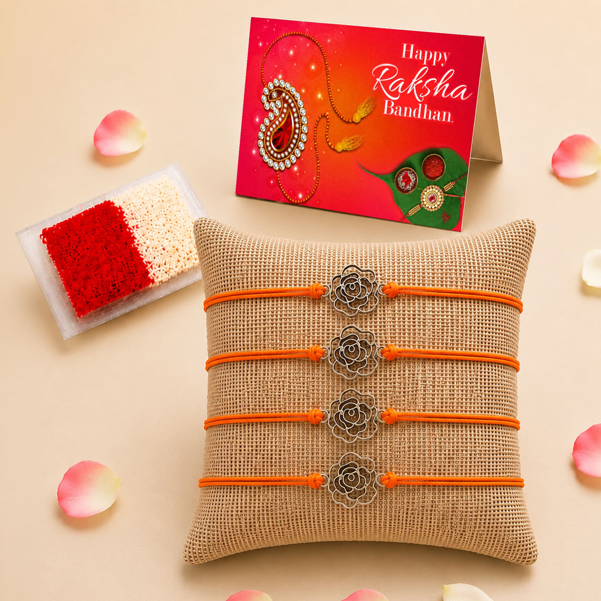 Set of four orange cord rakhi with silver rose shaped metal charms traditional handmade protection bracelets