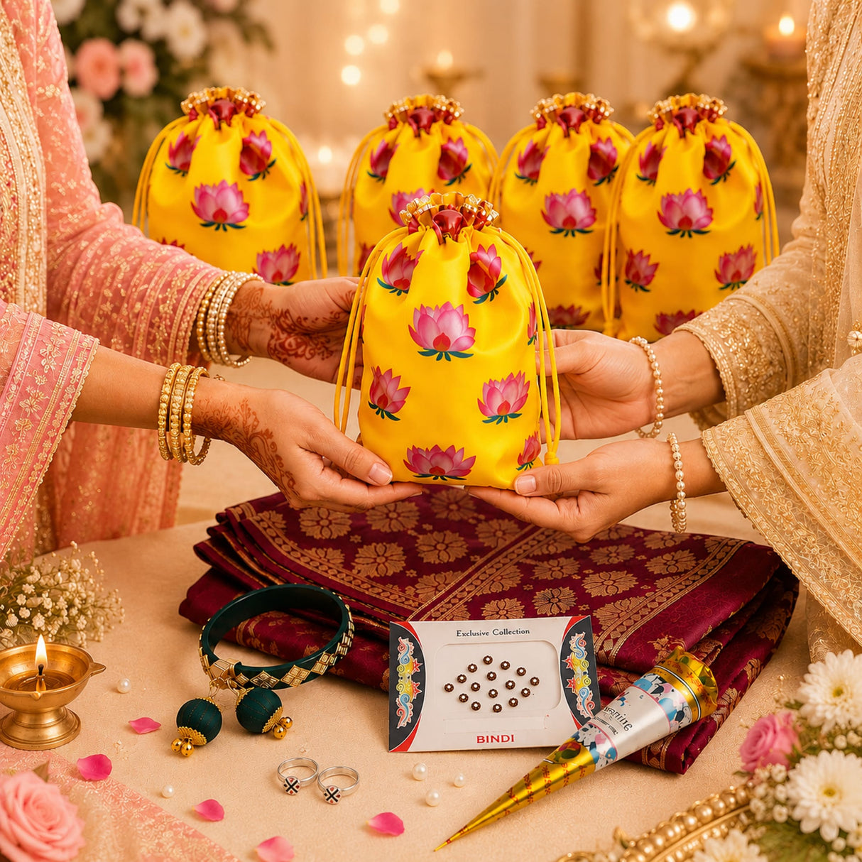 Bright yellow drawstring potli bag with pink lotus prints for karva chauth gift hamper and festive return gifts