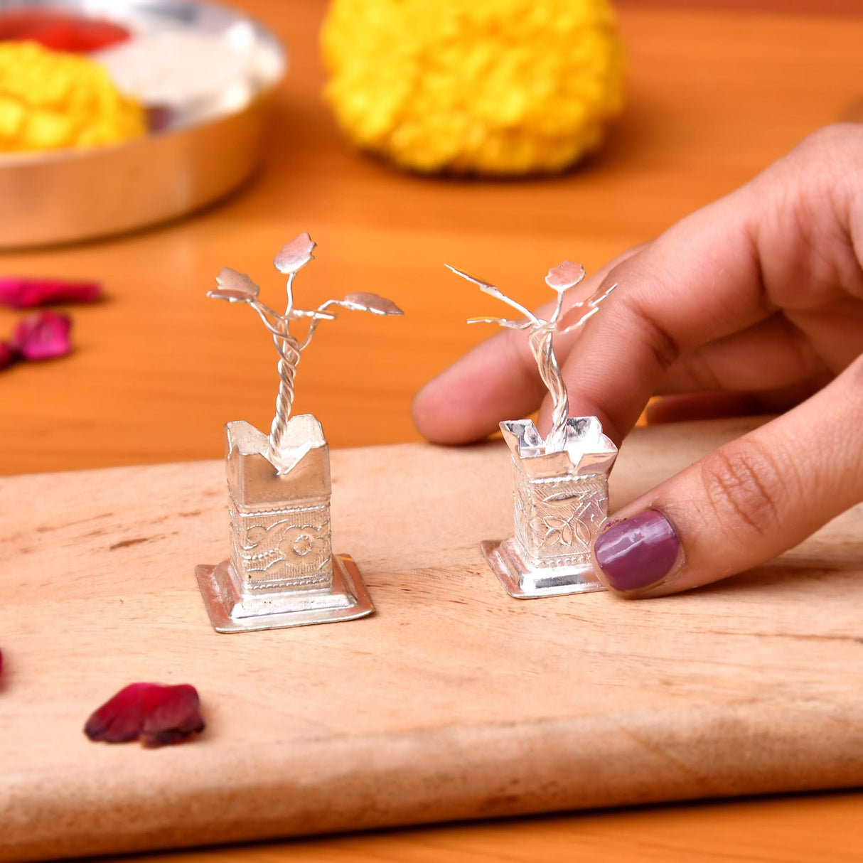 Silver plated tulsi plant miniature with intricate engraved base and twisted stem for home pooja mandir decor