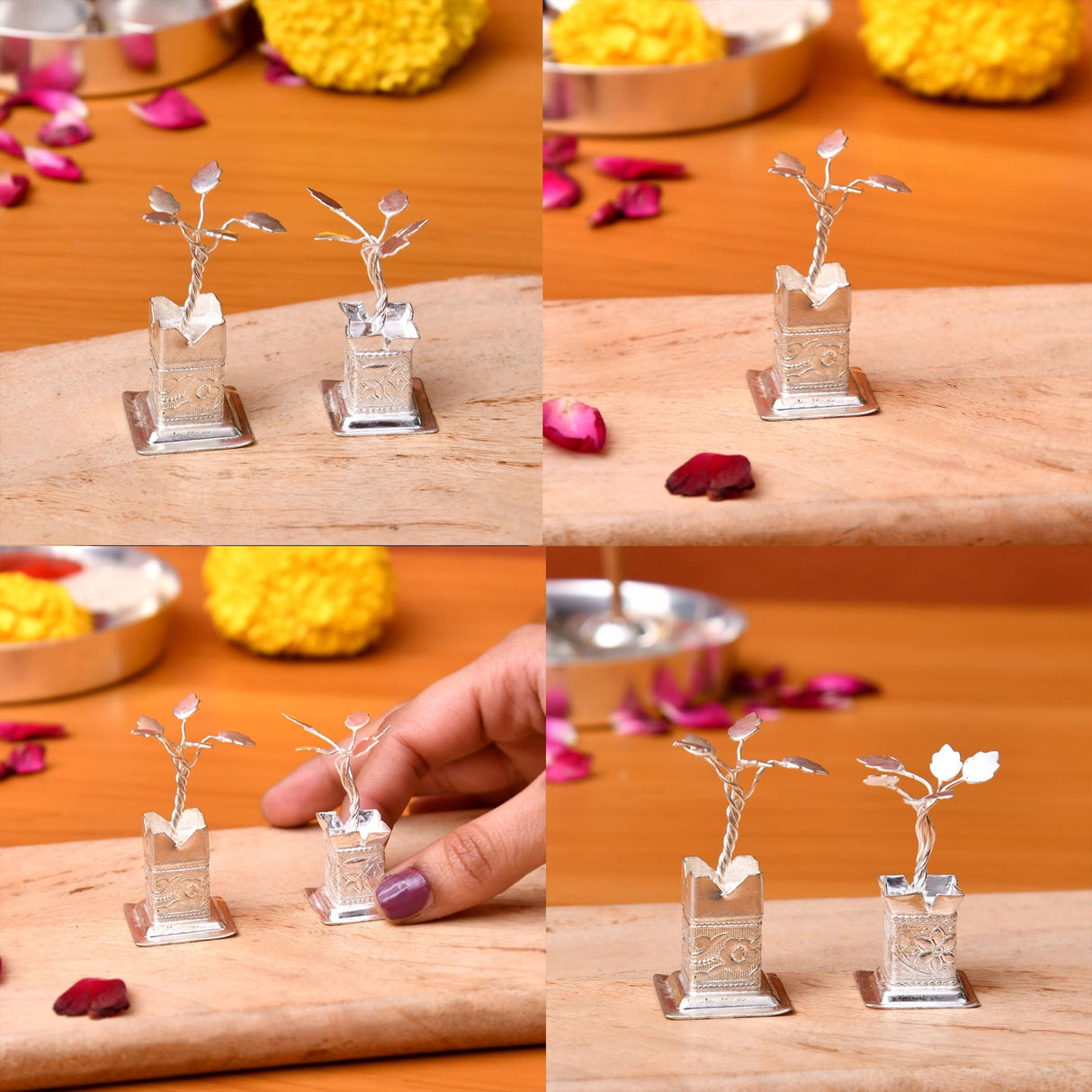 Silver plated tulsi plant figurines with intricate engraved bases and delicate leafy stems for home pooja decor