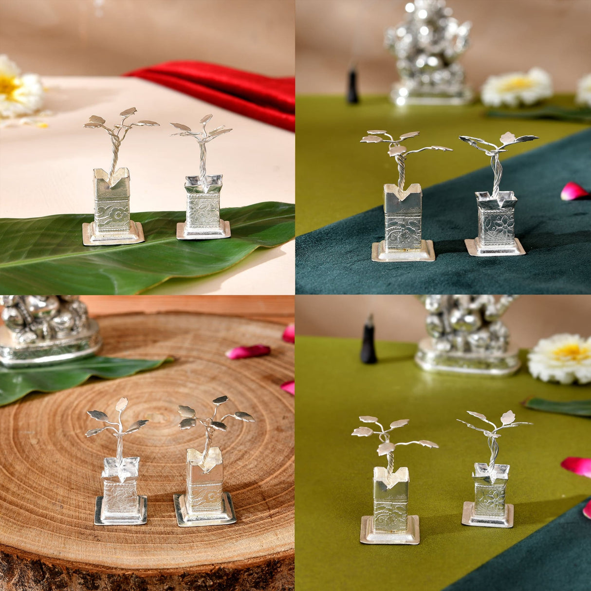 Silver plated miniature tulsi plant figurine with intricate leaf and stem detailing for home pooja mandir decor