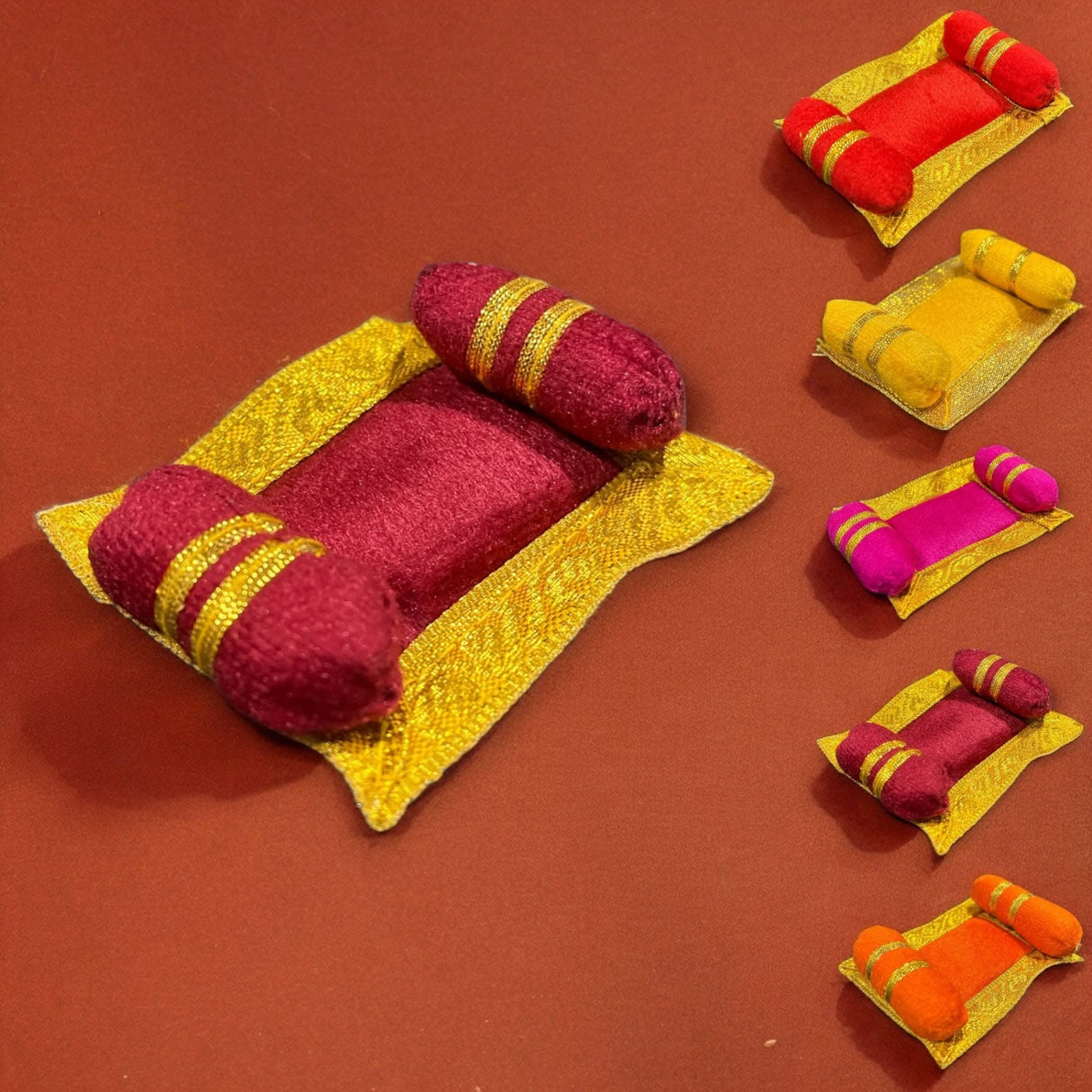 4x Mini Laddu Gopal Velvet Asan Takiya Pillow Set for Lord Ganesha, Krishna, Kanha Ji, Bal Gopal God Goddess Idol Soft Mattress Cushion/gadda Bed Cum Aasan Set (3x2.25 Inch) - LoveNspire