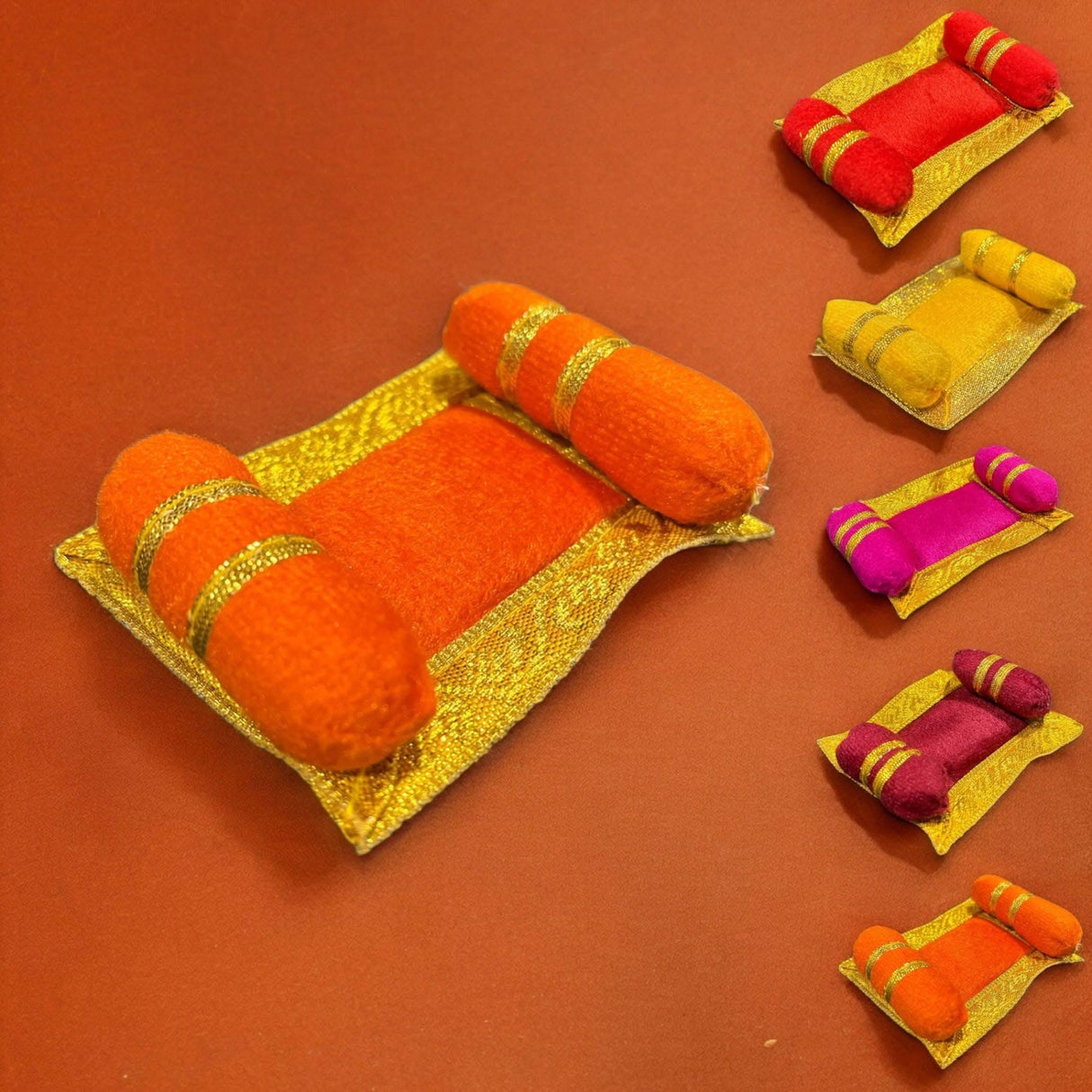 4x Mini Laddu Gopal Velvet Asan Takiya Pillow Set for Lord Ganesha, Krishna, Kanha Ji, Bal Gopal God Goddess Idol Soft Mattress Cushion/gadda Bed Cum Aasan Set (3x2.25 Inch) - LoveNspire