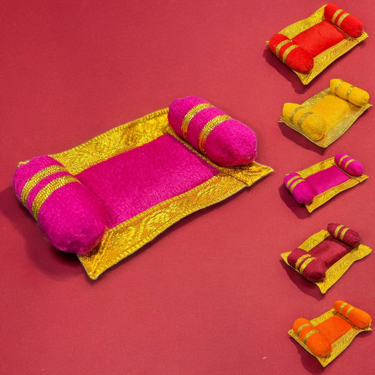 4x Mini Laddu Gopal Velvet Asan Takiya Pillow Set for Lord Ganesha, Krishna, Kanha Ji, Bal Gopal God Goddess Idol Soft Mattress Cushion/gadda Bed Cum Aasan Set (3x2.25 Inch) - LoveNspire
