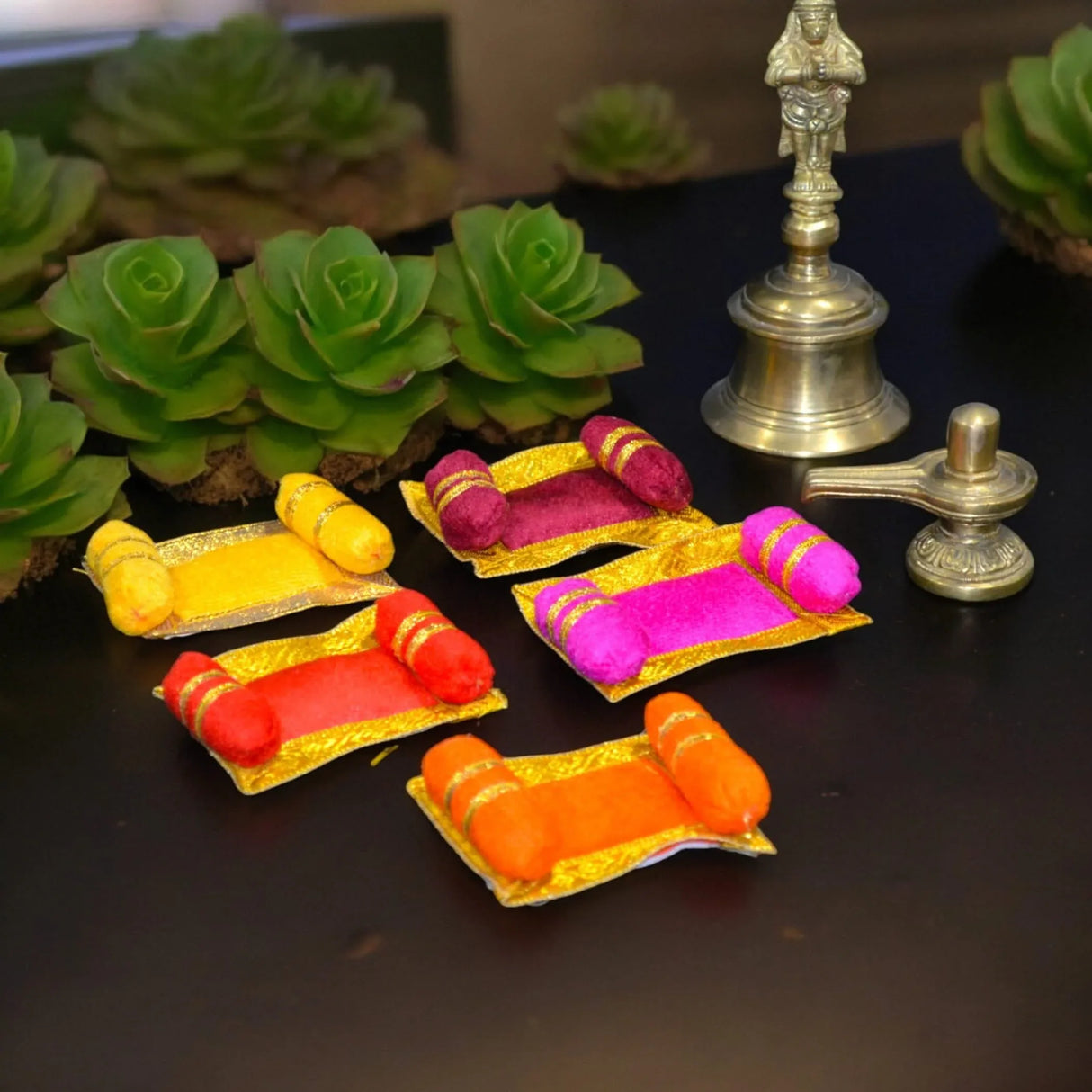 4x Mini Laddu Gopal Velvet Asan Takiya Pillow Set for Lord Ganesha, Krishna, Kanha Ji, Bal Gopal God Goddess Idol Soft Mattress Cushion/gadda Bed Cum Aasan Set (3x2.25 Inch) - LoveNspire