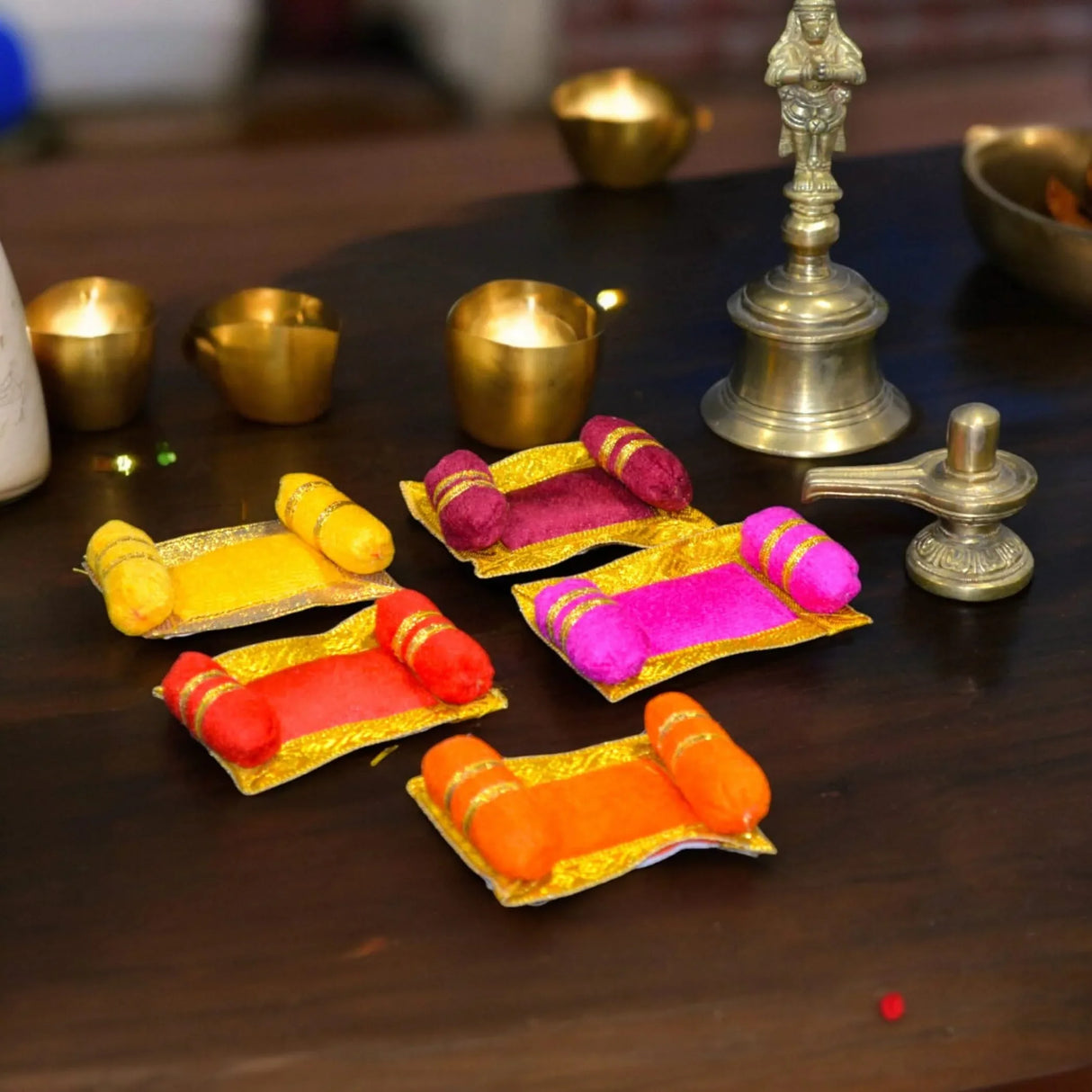 4x Mini Laddu Gopal Velvet Asan Takiya Pillow Set for Lord Ganesha, Krishna, Kanha Ji, Bal Gopal God Goddess Idol Soft Mattress Cushion/gadda Bed Cum Aasan Set (3x2.25 Inch) - LoveNspire