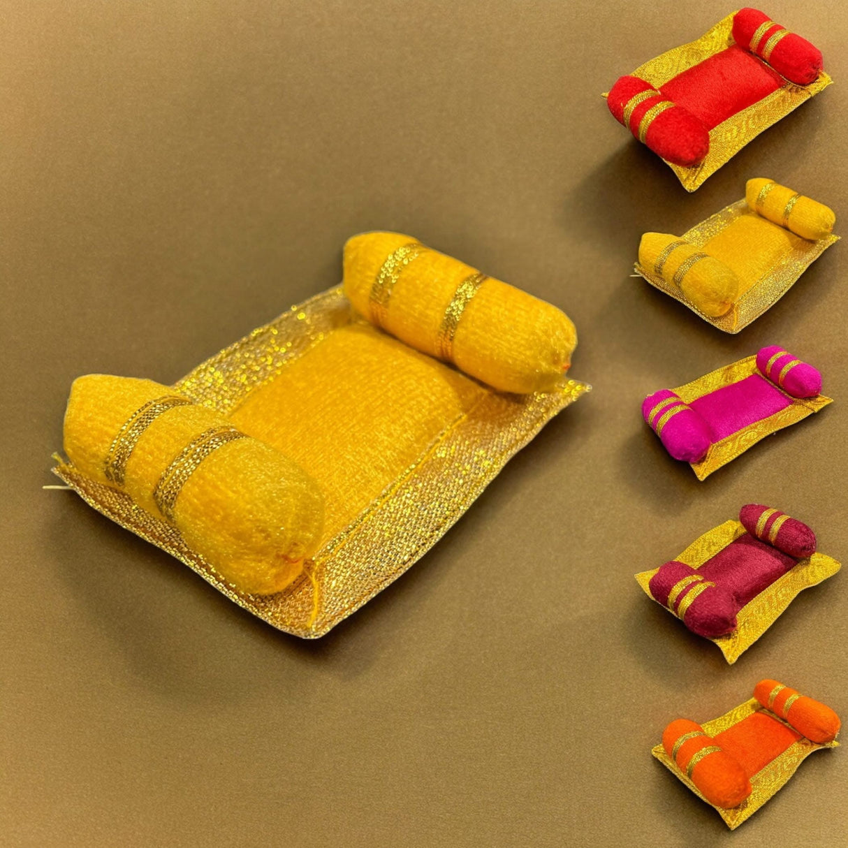 4x Mini Laddu Gopal Velvet Asan Takiya Pillow Set for Lord Ganesha, Krishna, Kanha Ji, Bal Gopal God Goddess Idol Soft Mattress Cushion/gadda Bed Cum Aasan Set (3x2.25 Inch) - LoveNspire