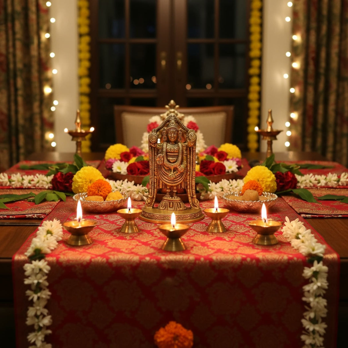 Golden brass Balaji and Venkateswara idol statue with intricate details and red drapery for decor