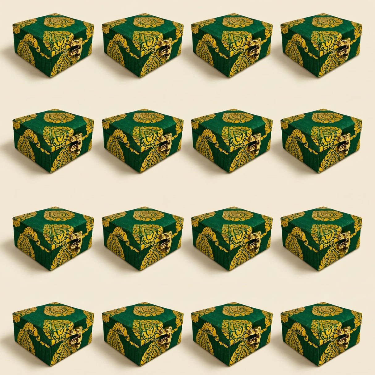 Small handmade jewelry box brocade gift boxes in green and gold with metallic clasps for indian pakistani wedding favors