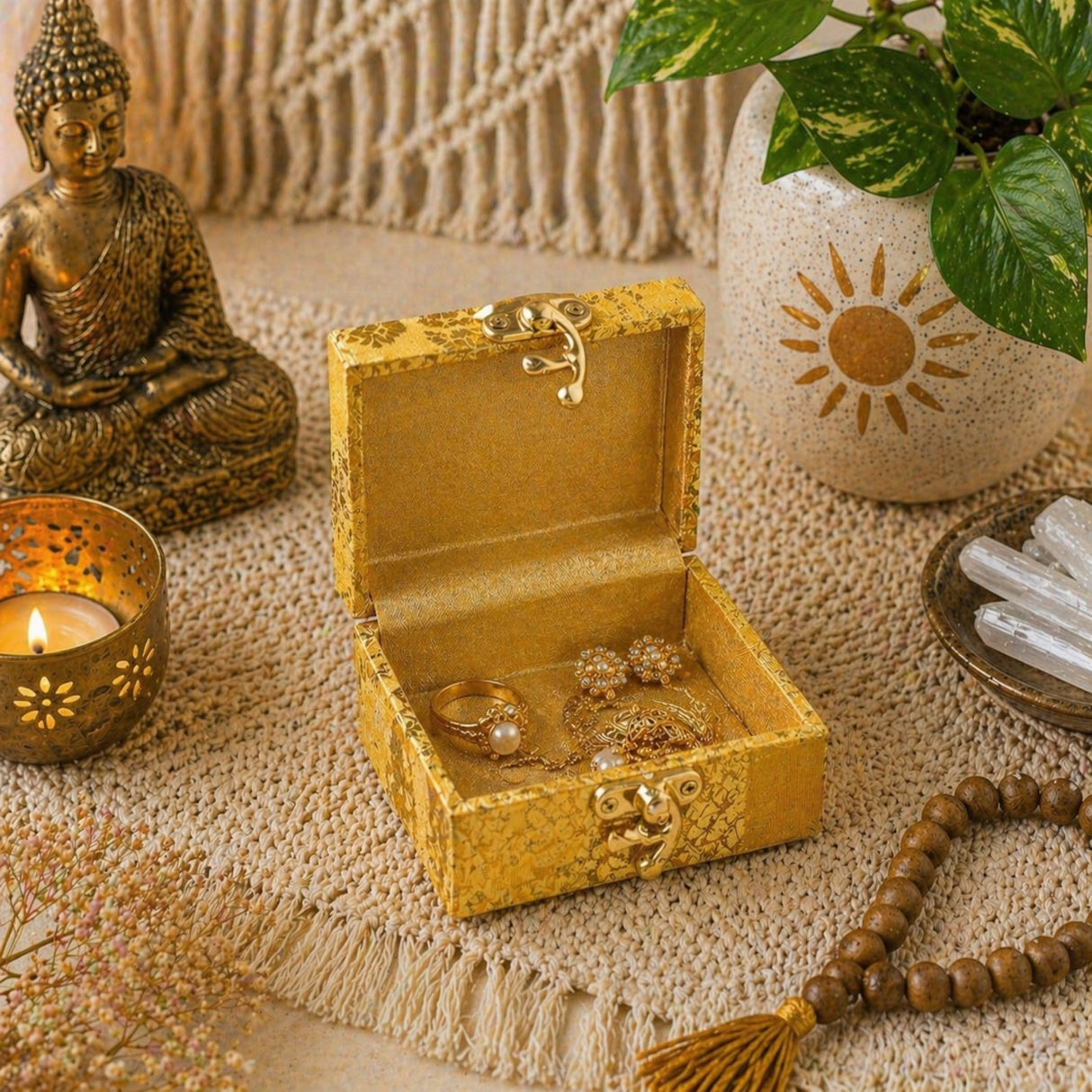 Golden ornate 4 piece small gift box with gota patti brocade fabric and velvet-lined interior holding gold jewelry
