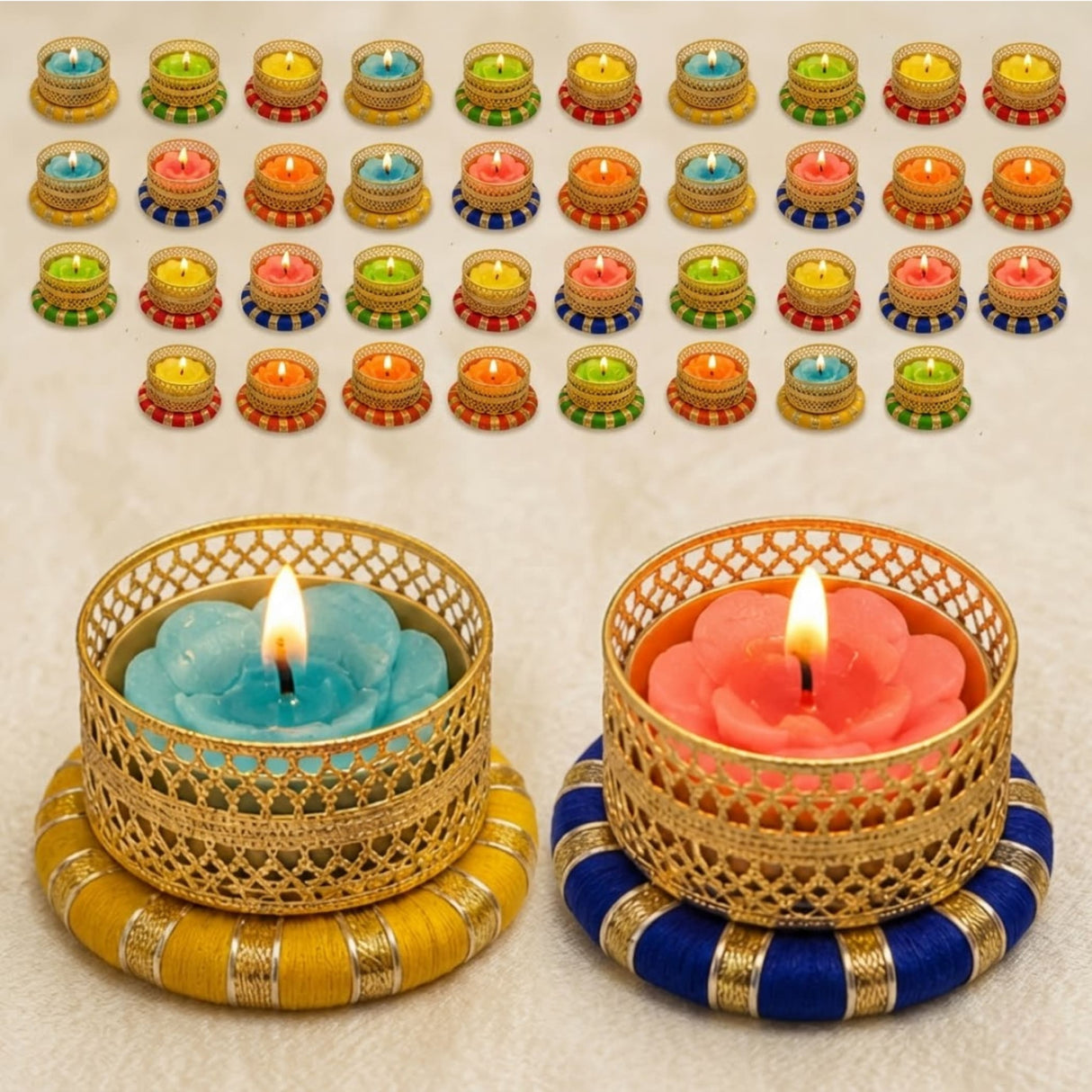 Gold-colored intricately woven small tealight candle holders with vibrant blue and pink floral-shaped candles for festive decor