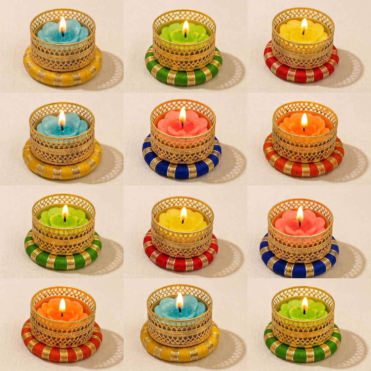 Colorful floral-shaped tealight candles in gold filigree holders with striped bases for festive home decor occasions