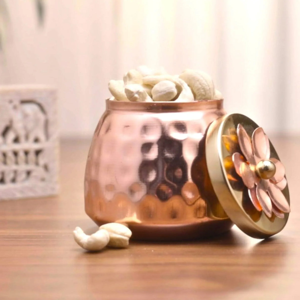 Hammered Copper Plating Dryfruits Jar with Lid Decorative Serving Bowls Dry Fruit Container Return Gifts for Housewarming Baby Shower Wedding Handmade Candy Jar Pack of 1/4/16 (3.4 Inch) - LoveNspire