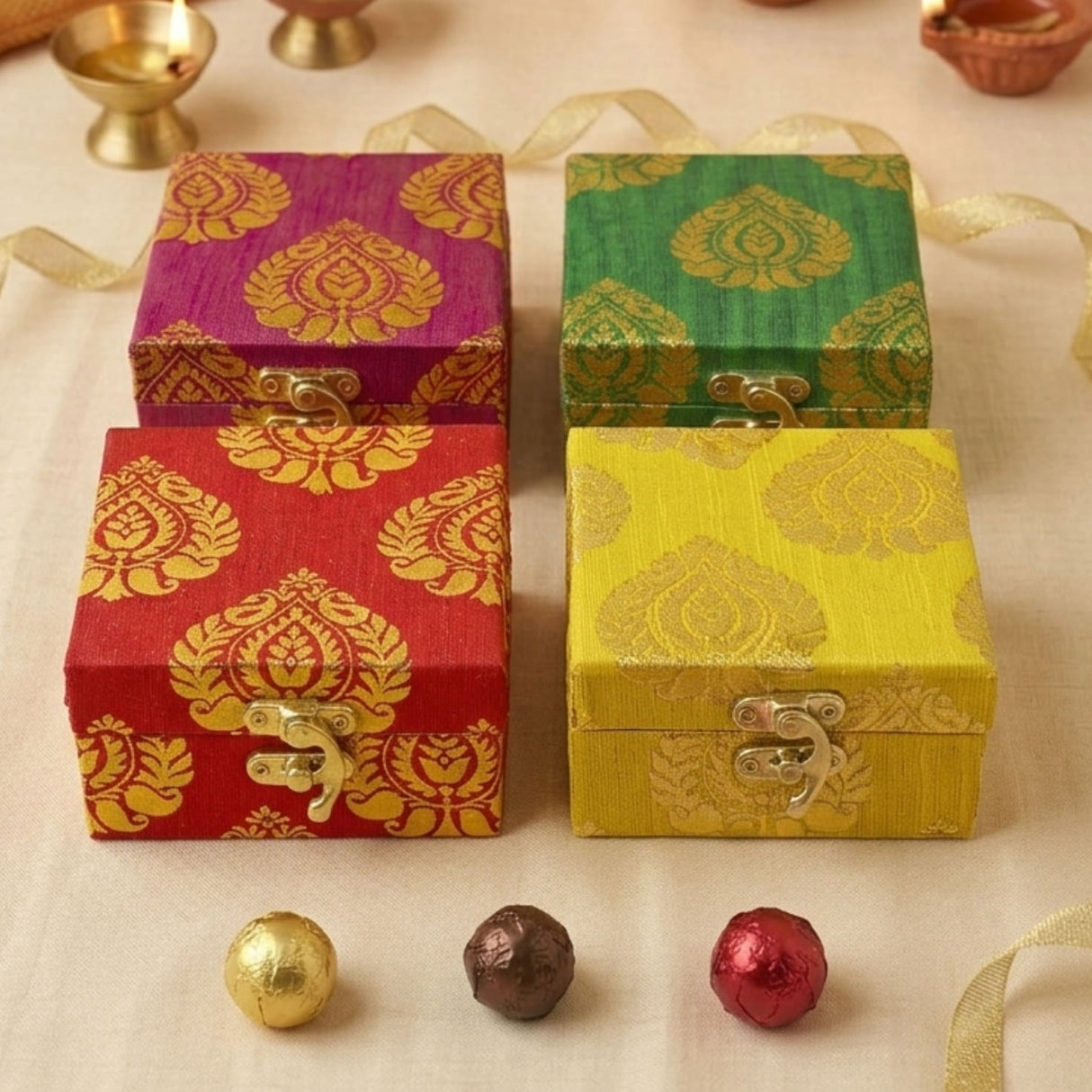 Small handmade jewelry brocade gift boxes in purple green red and yellow with gold damask and silver clasps for wedding favors