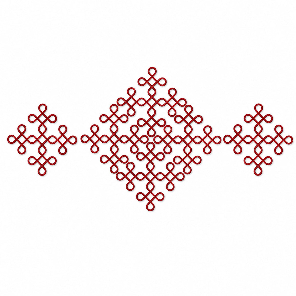 Red infinity knot wall decor with symmetrical interlocking loops in three diamond clusters for traditional puja mandir decor
