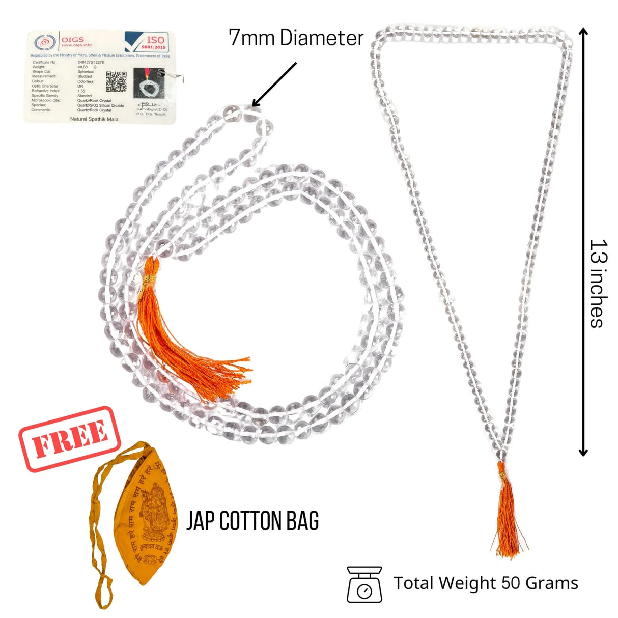 Sphatik Mala with Jap Bag Gaumukhi Natural Certified Original Crystal Quartz Agate Necklace Precious Gemstone Mala for Men Women Jaap Mala 108 Beads for Positive Energy Meditation - LoveNspire