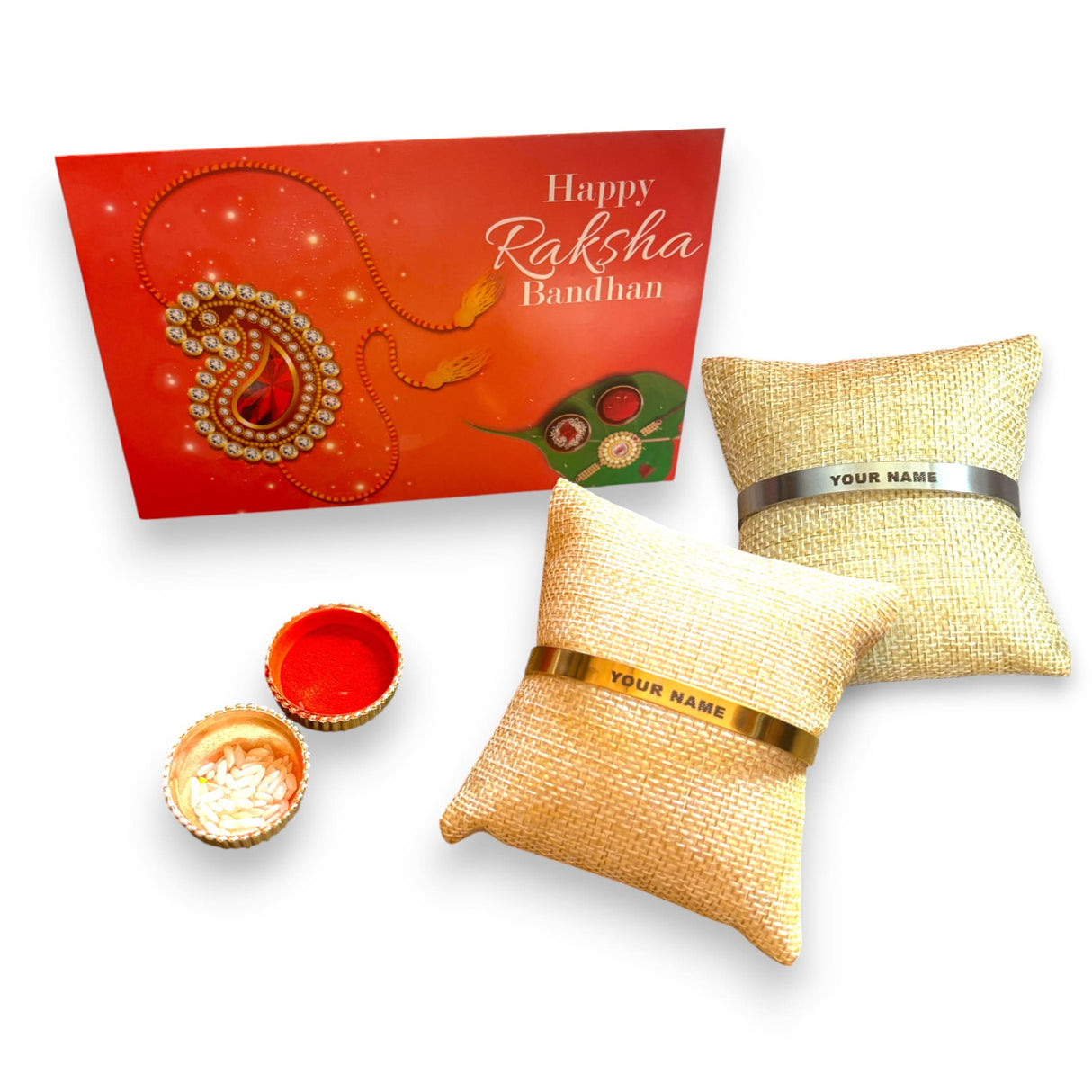Personalized Stainless Steel Rakhi for Brother Custom Engraved Names Cuff Bracelet for Bhai - Raksha Bandhan Customizable Bracelets Rakhi Gift Hamper with Roli Chawal Greeting Card - LoveNspire
