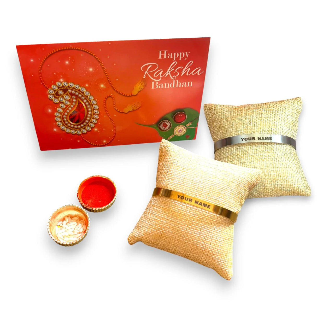 Personalized Stainless Steel Rakhi for Brother Custom Engraved Names Cuff Bracelet for Bhai - Raksha Bandhan Customizable Bracelets Rakhi Gift Hamper with Roli Chawal Greeting Card - LoveNspire