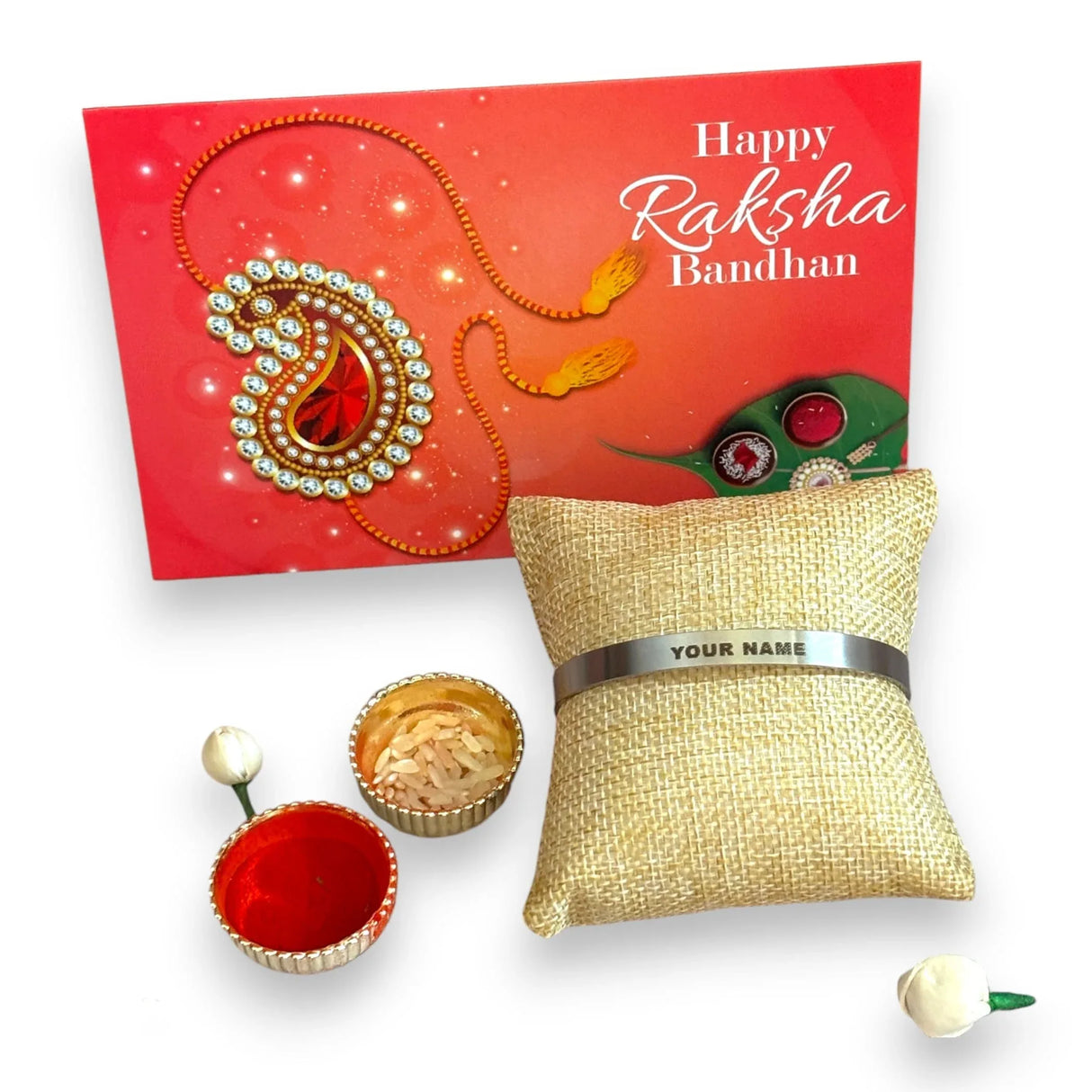 Personalized Stainless Steel Rakhi for Brother Custom Engraved Names Cuff Bracelet for Bhai - Raksha Bandhan Customizable Bracelets Rakhi Gift Hamper with Roli Chawal Greeting Card - LoveNspire