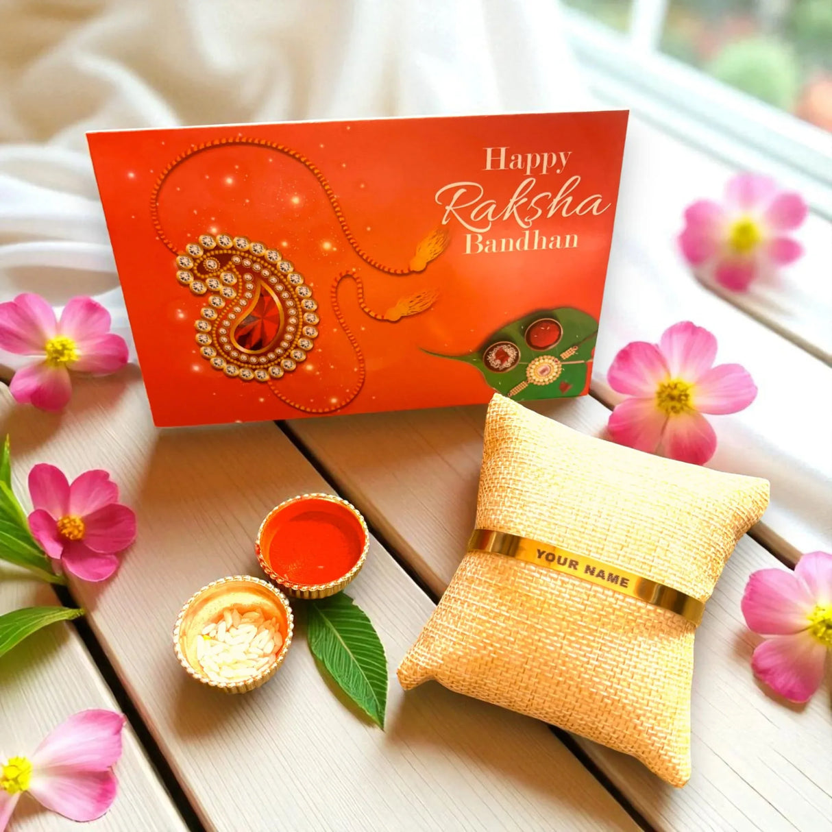 Personalized Stainless Steel Rakhi for Brother Custom Engraved Names Cuff Bracelet for Bhai - Raksha Bandhan Customizable Bracelets Rakhi Gift Hamper with Roli Chawal Greeting Card - LoveNspire