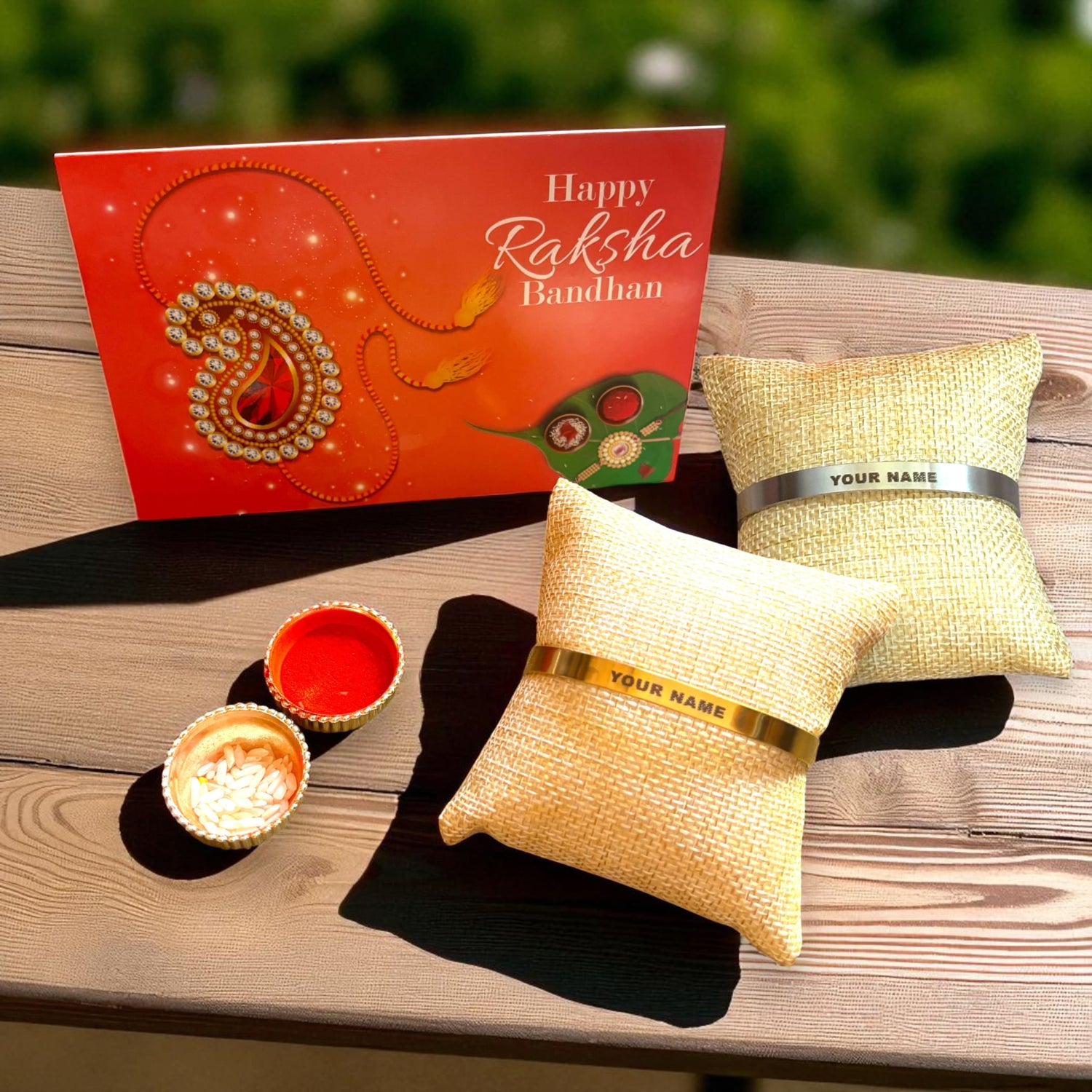 Personalized Stainless Steel Rakhi for Brother Custom Engraved Names Cuff Bracelet for Bhai - Raksha Bandhan Customizable Bracelets Rakhi Gift Hamper with Roli Chawal Greeting Card - LoveNspire