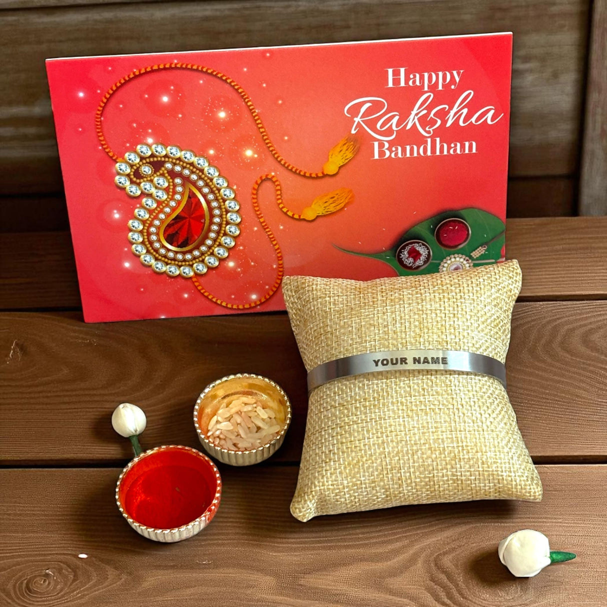 Personalized Stainless Steel Rakhi for Brother Custom Engraved Names Cuff Bracelet for Bhai - Raksha Bandhan Customizable Bracelets Rakhi Gift Hamper with Roli Chawal Greeting Card - LoveNspire