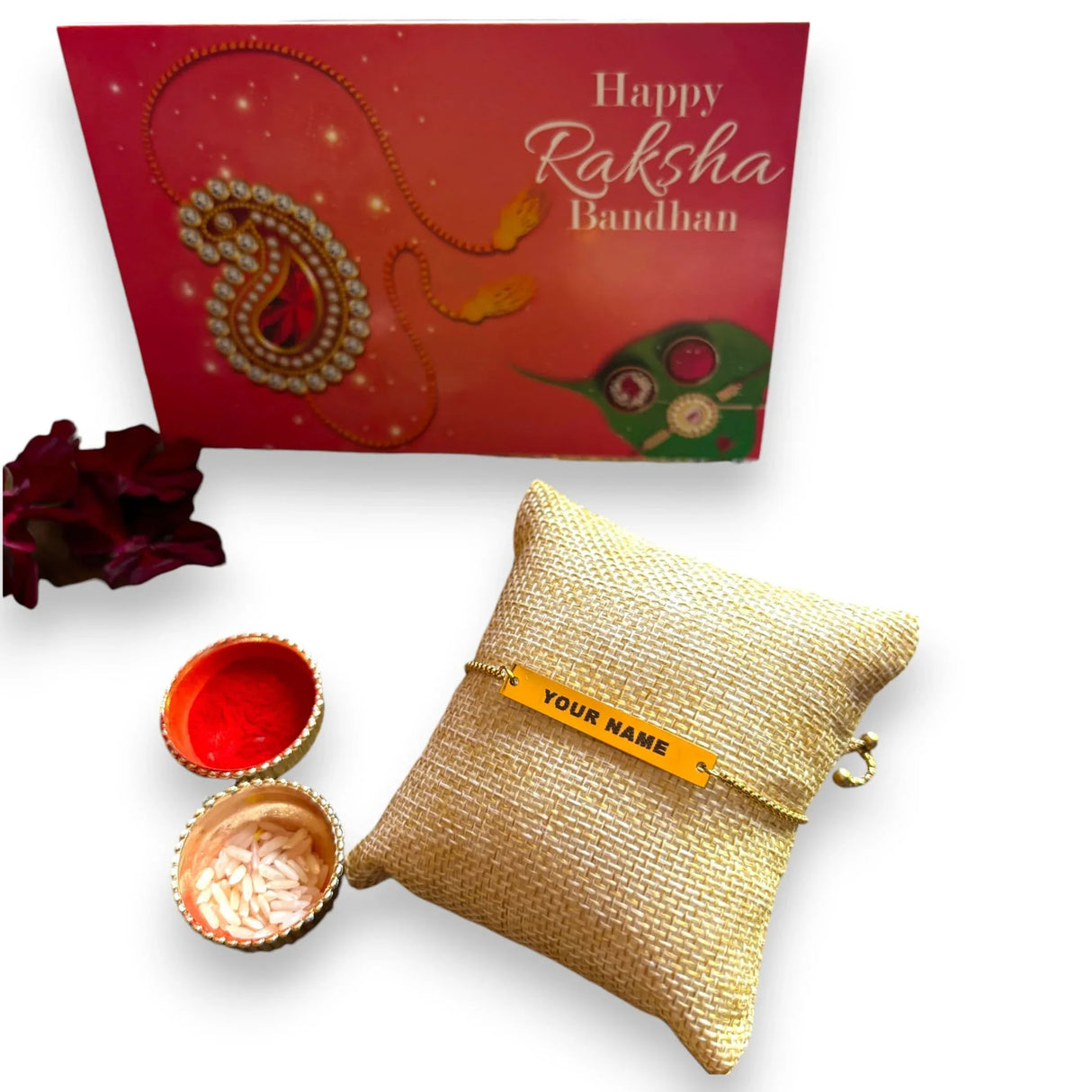 Personalized Stainless Steel Rakhi Bracelet for Sister Bhabhi Custom Engraved Name Adjustable Rakhi Raksha Bandhan Customized Bracelets Rakhi Gift Hamper with Roli Chawal Greeting Card - LoveNspire