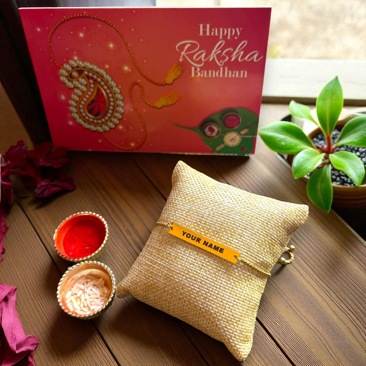 Personalized Stainless Steel Rakhi Bracelet for Sister Bhabhi Custom Engraved Name Adjustable Rakhi Raksha Bandhan Customized Bracelets Rakhi Gift Hamper with Roli Chawal Greeting Card - LoveNspire