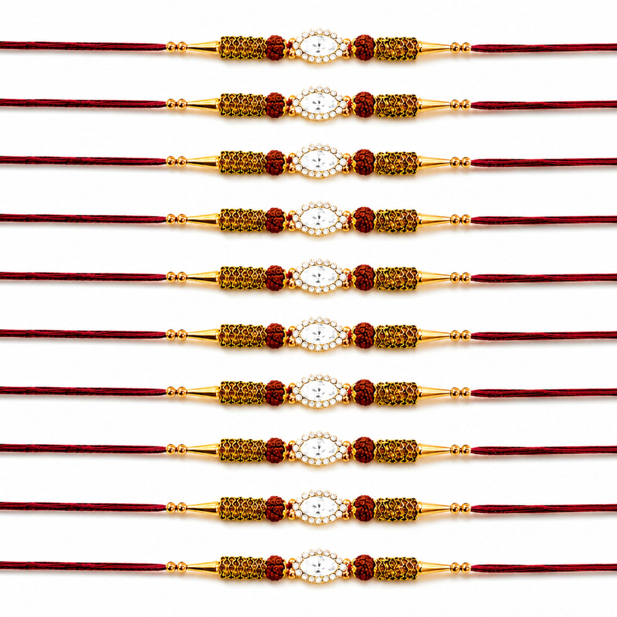 Set of ten gold-toned designer stone rakhi bracelets with oval crystals and rudraksha beads for raksha bandhan